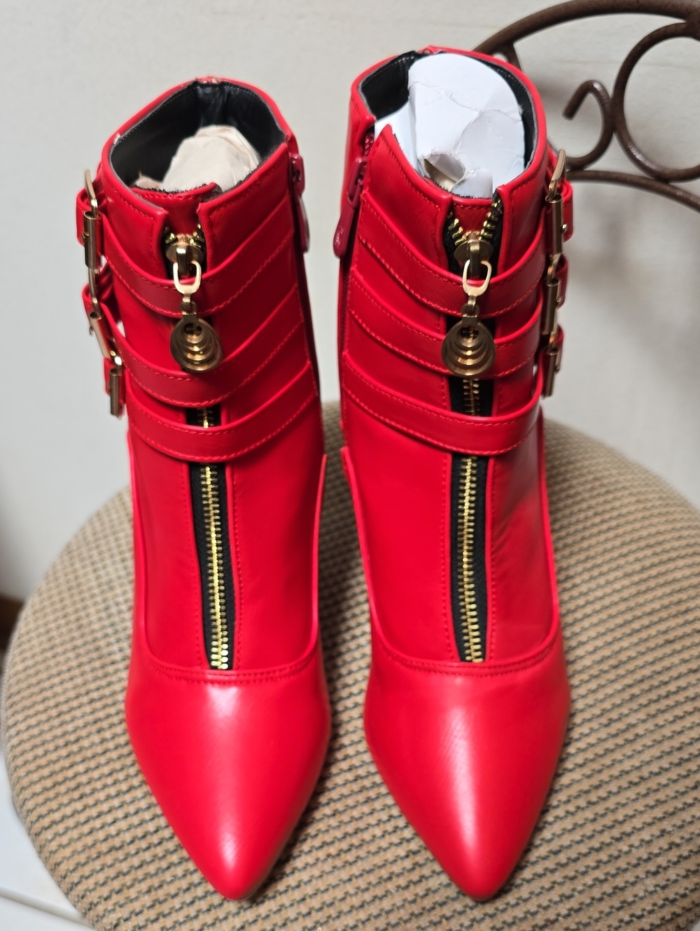 Red Women's Pointed Ankle Boots with Gold Accents - Picture 1 of 4